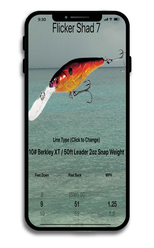 Precision Trolling Data App on phone showing the diving depth research for a Flicker Shad.