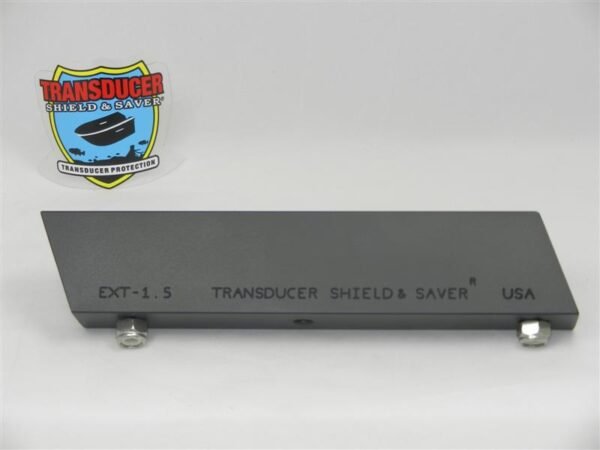 Aluminum 1.5″ Extension attached to an L. Bracket and Transducer Shield to lower the level of the transducer