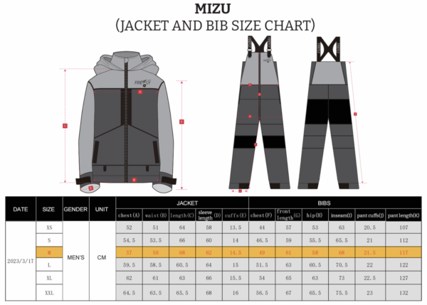 Firefly Marine Mizu Jacket and Bib Size Chart