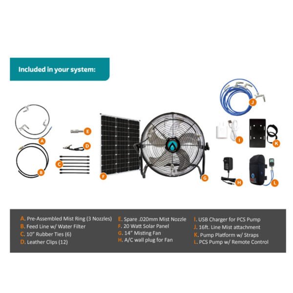 ExtremeMist 3 in 1 portable misting fan with solar panel, mist pump and 16ft mist line attachment